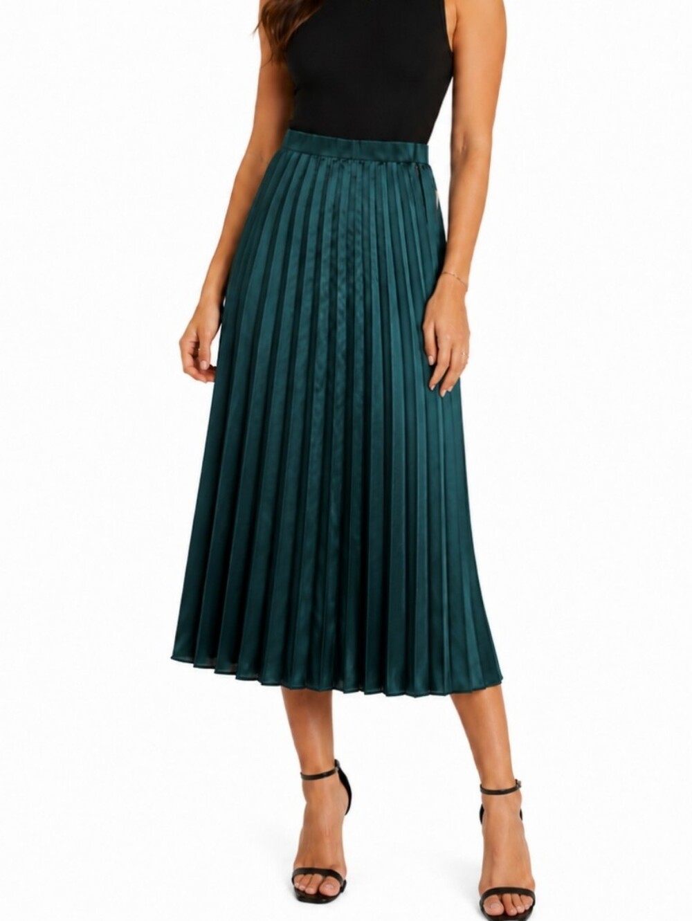 NWT Maxx Teal Satin Like Pleated Midi Skirt Elastic Waist Elegant Small Classic